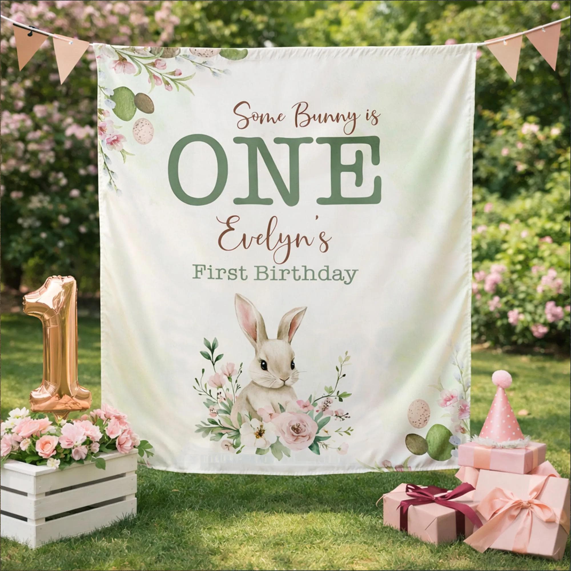 Some Bunny Is One Birthday Banner with Custom Name, Floral Bunny 1st Birthday Party Decoration, Personalized Baby Milestone Decor
