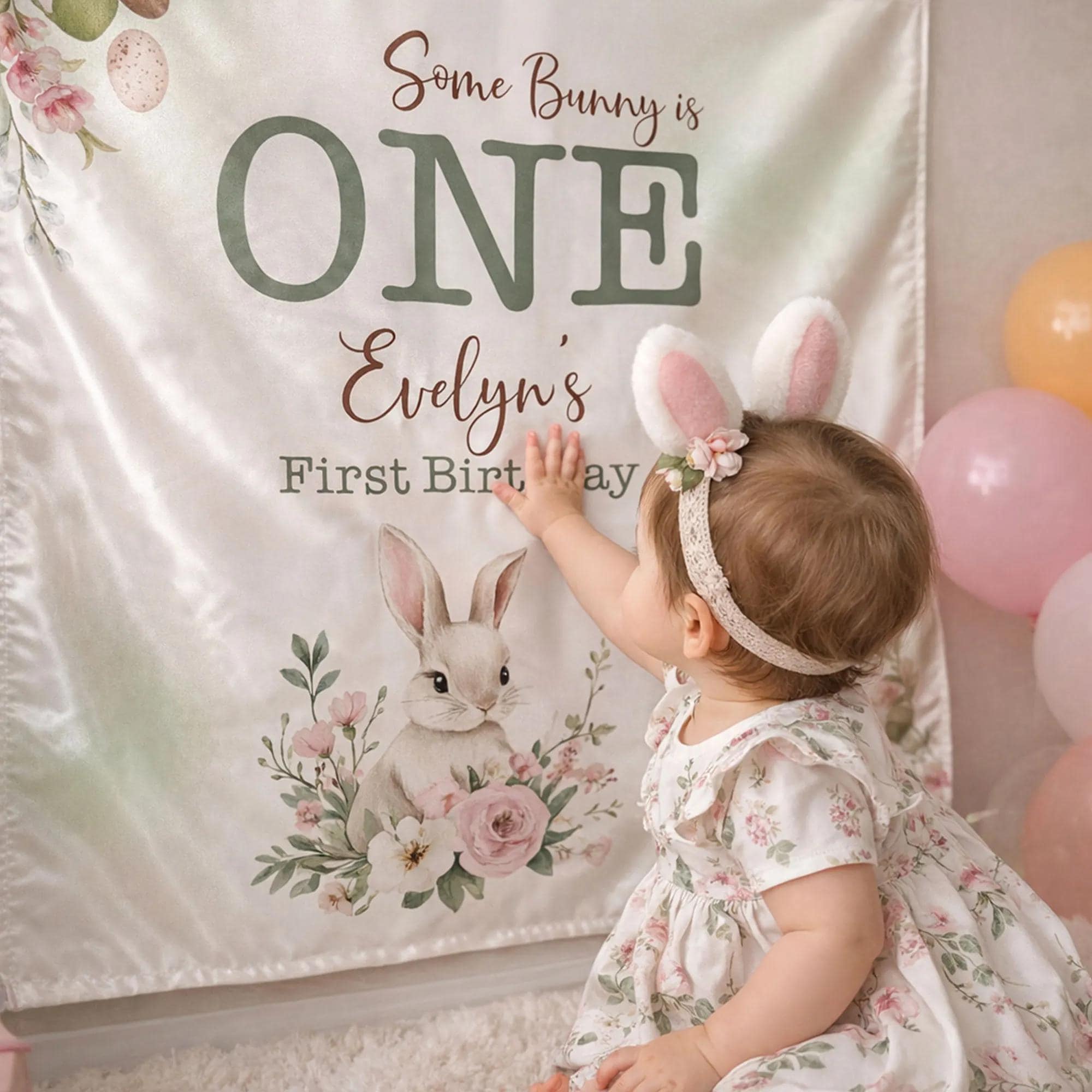 Some Bunny Is One Birthday Banner with Custom Name, Floral Bunny 1st Birthday Party Decoration, Personalized Baby Milestone Decor