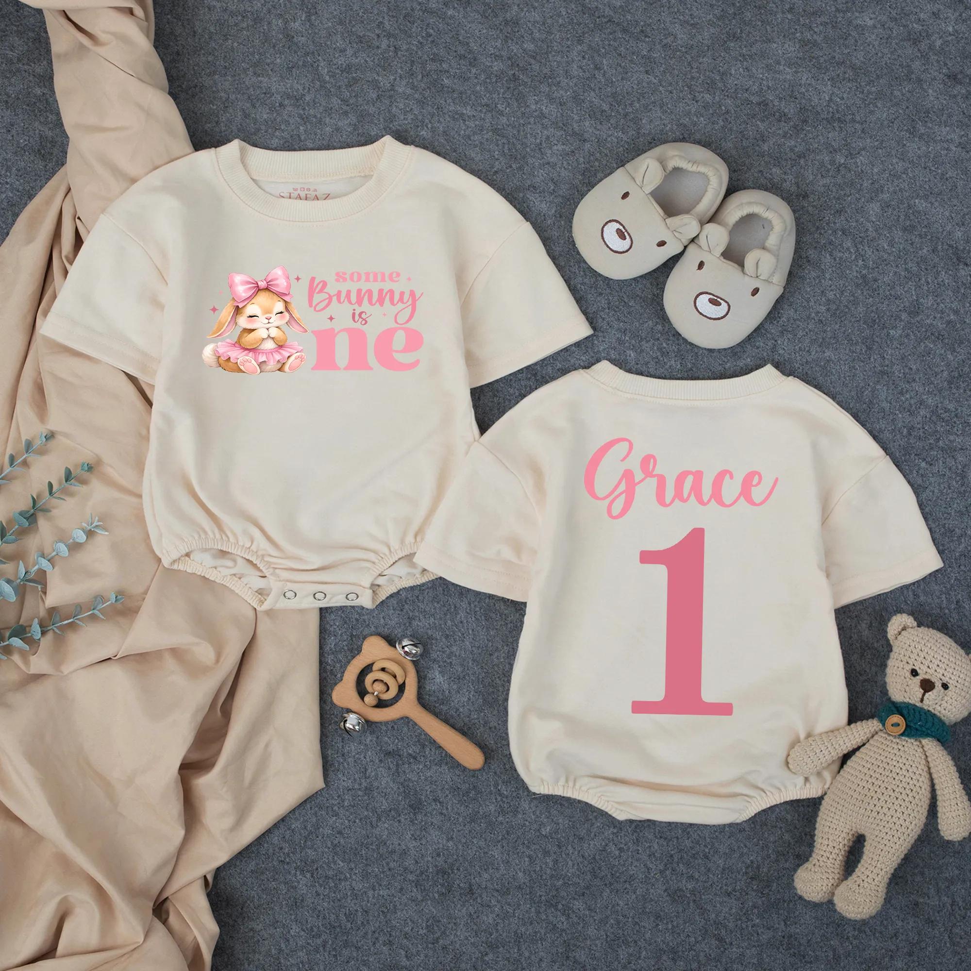 Some Bunny Is One Birthday Girl Bubble Romper with Pink Bow Bunny Design and Custom Name, 1st Birthday Cake Smash Outfit