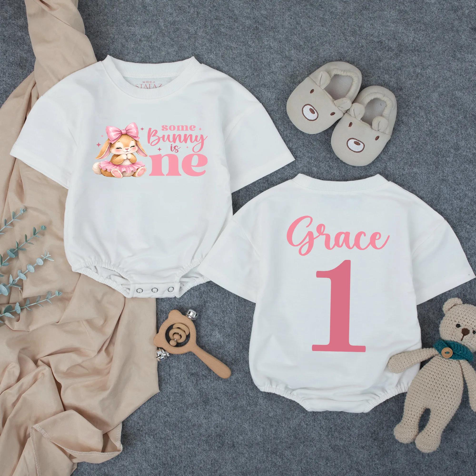 Some Bunny Is One Birthday Girl Bubble Romper with Pink Bow Bunny Design and Custom Name, 1st Birthday Cake Smash Outfit