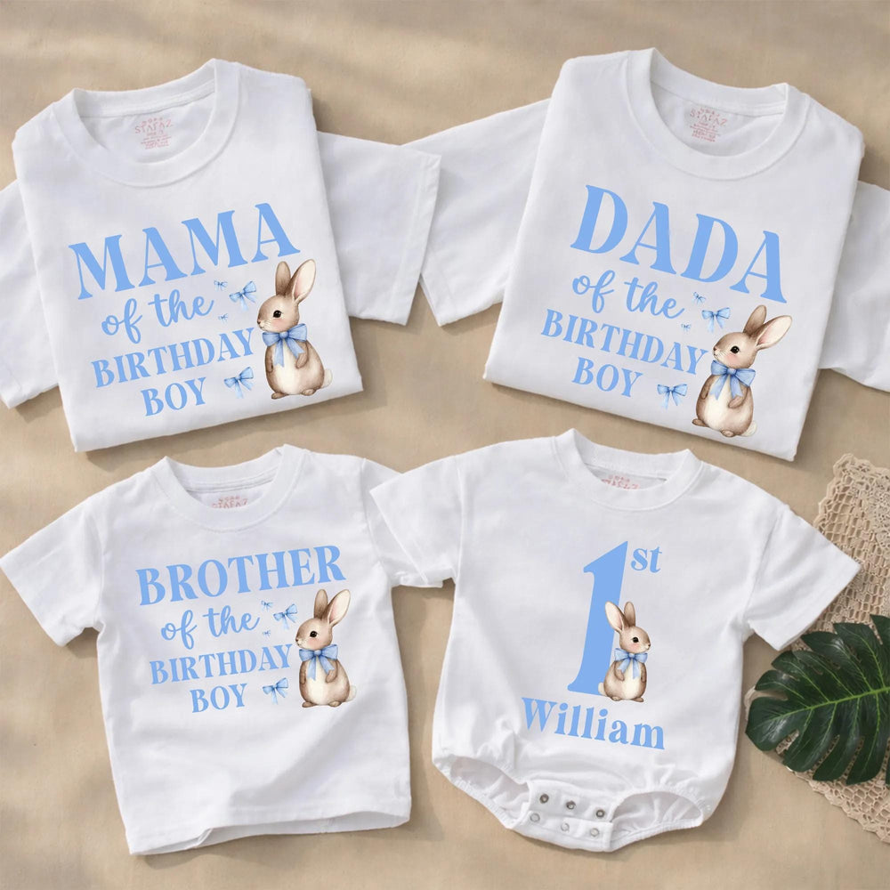 Some Bunny Is One Boy 1st Birthday Outfit with Watercolor Bunny Design Bubble Romper Matching Family Shirts Custom Names Soft Cotton