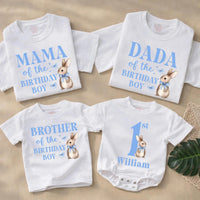 Some Bunny Is One Boy 1st Birthday Outfit with Watercolor Bunny Design Bubble Romper Matching Family Shirts Custom Names Soft Cotton