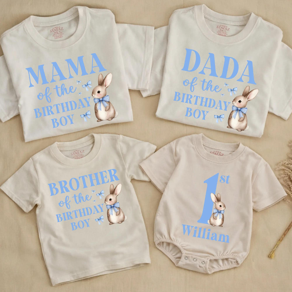 Some Bunny Is One Boy 1st Birthday Outfit with Watercolor Bunny Design Bubble Romper Matching Family Shirts Custom Names Soft Cotton