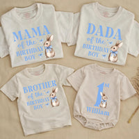 Some Bunny Is One Boy 1st Birthday Outfit with Watercolor Bunny Design Bubble Romper Matching Family Shirts Custom Names Soft Cotton