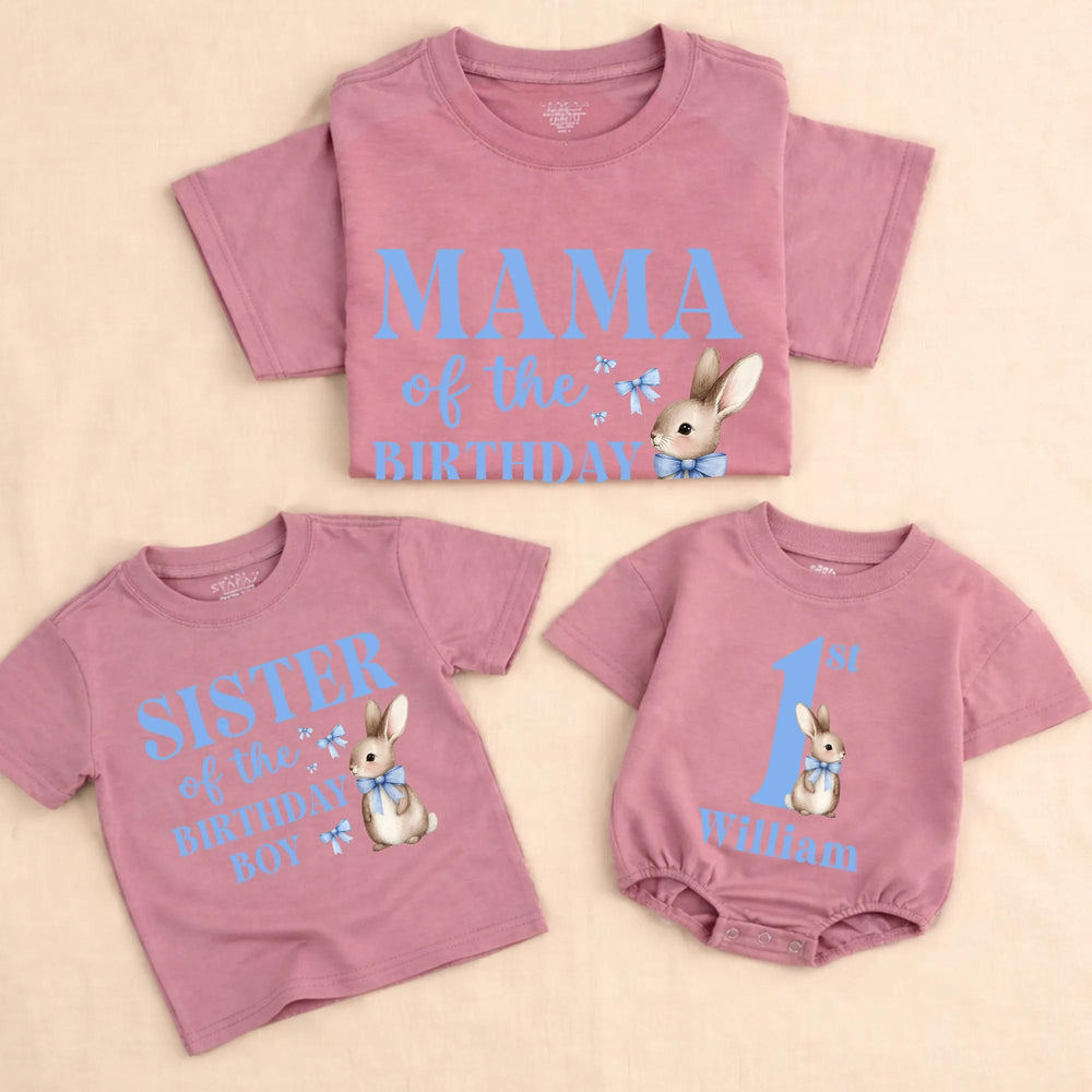 Some Bunny Is One Boy 1st Birthday Outfit with Watercolor Bunny Design Bubble Romper Matching Family Shirts Custom Names Soft Cotton
