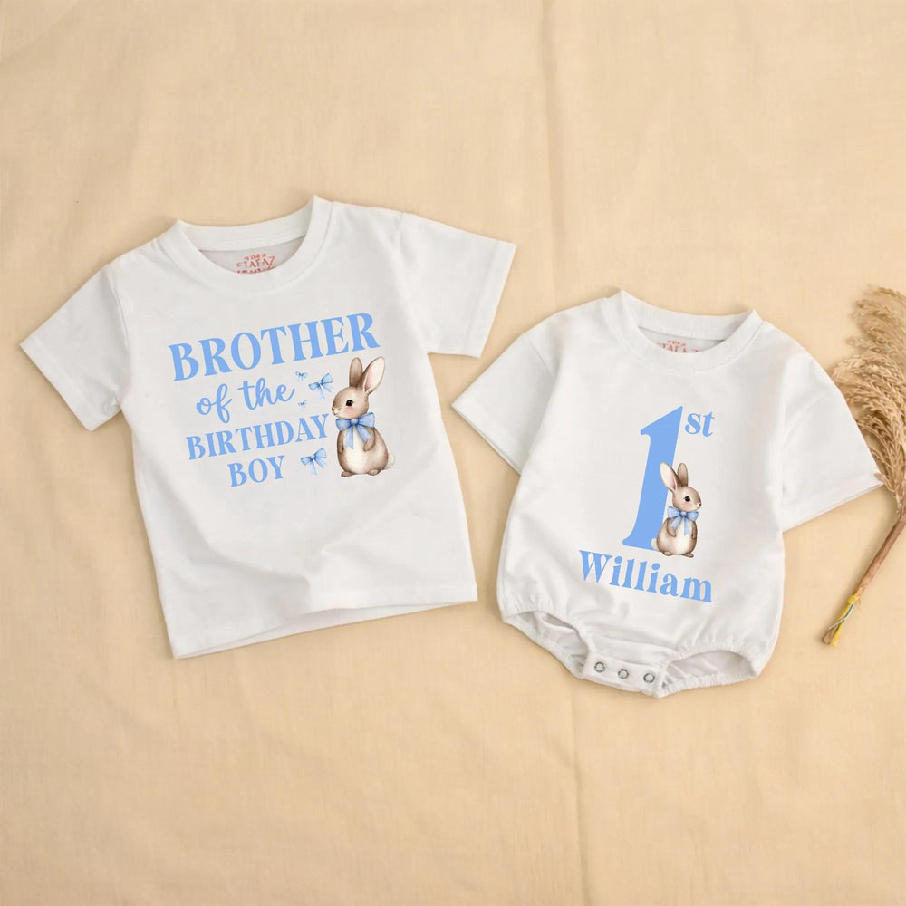 Some Bunny Is One Boy 1st Birthday Outfit with Watercolor Bunny Design Bubble Romper Matching Family Shirts Custom Names Soft Cotton