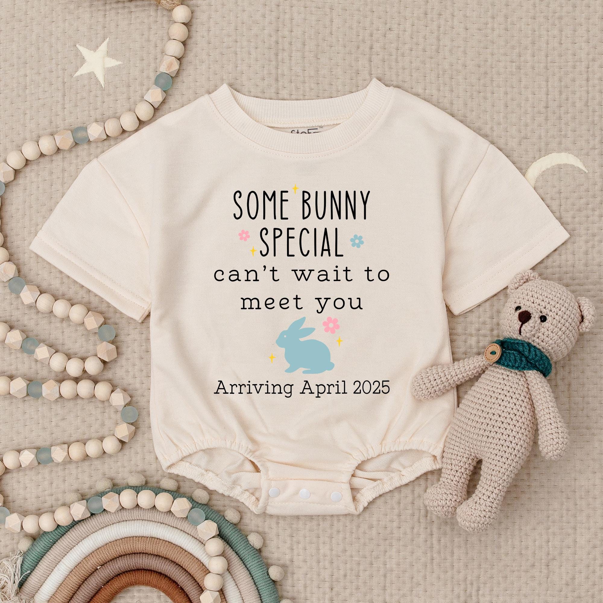 Some Bunny Special Baby Romper Arriving April 2025 Personalized Easter Pregnancy Announcement Outfit Cute Baby Reveal Gift
