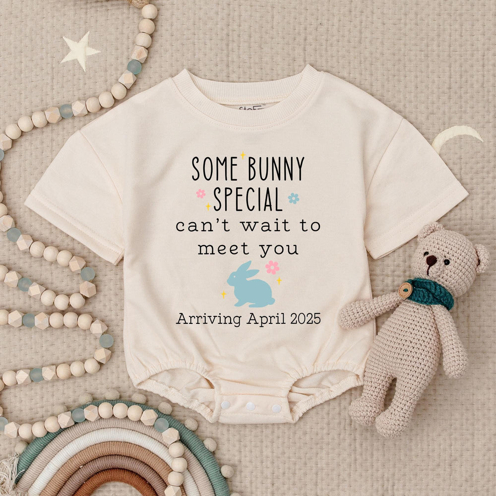 Some Bunny Special Baby Romper Arriving April 2025 Personalized Easter Pregnancy Announcement Outfit Cute Baby Reveal Gift