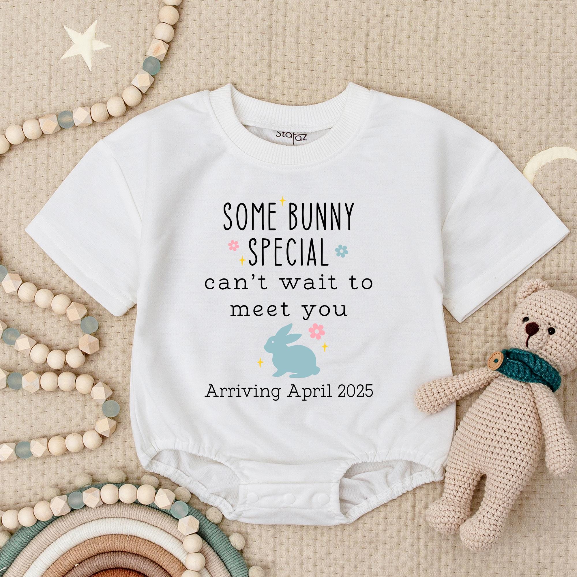 Some Bunny Special Baby Romper Arriving April 2025 Personalized Easter Pregnancy Announcement Outfit Cute Baby Reveal Gift