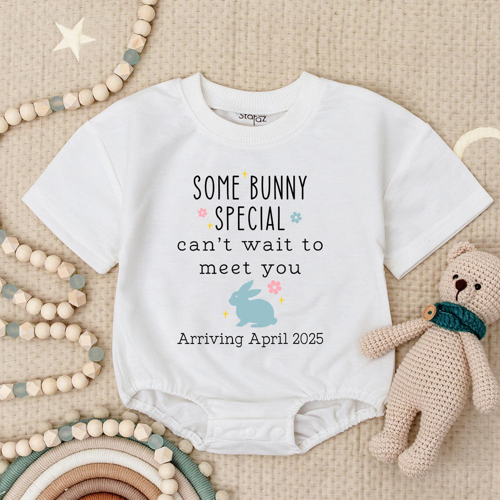 Some Bunny Special Baby Romper Arriving April 2025 Personalized Easter Pregnancy Announcement Outfit Cute Baby Reveal Gift