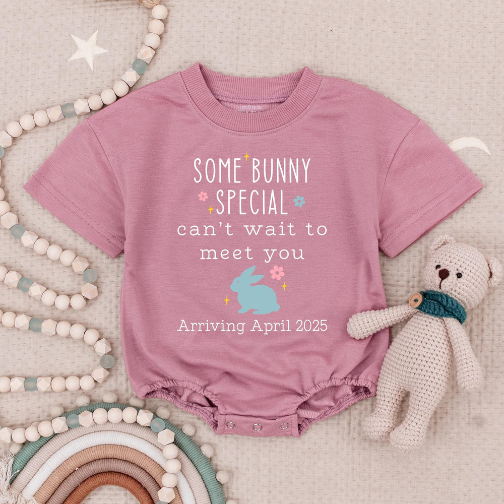 Some Bunny Special Baby Romper Arriving April 2025 Personalized Easter Pregnancy Announcement Outfit Cute Baby Reveal Gift