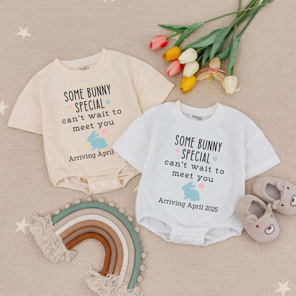 Some Bunny Special Baby Romper Arriving April 2025 Personalized Easter Pregnancy Announcement Outfit Cute Baby Reveal Gift