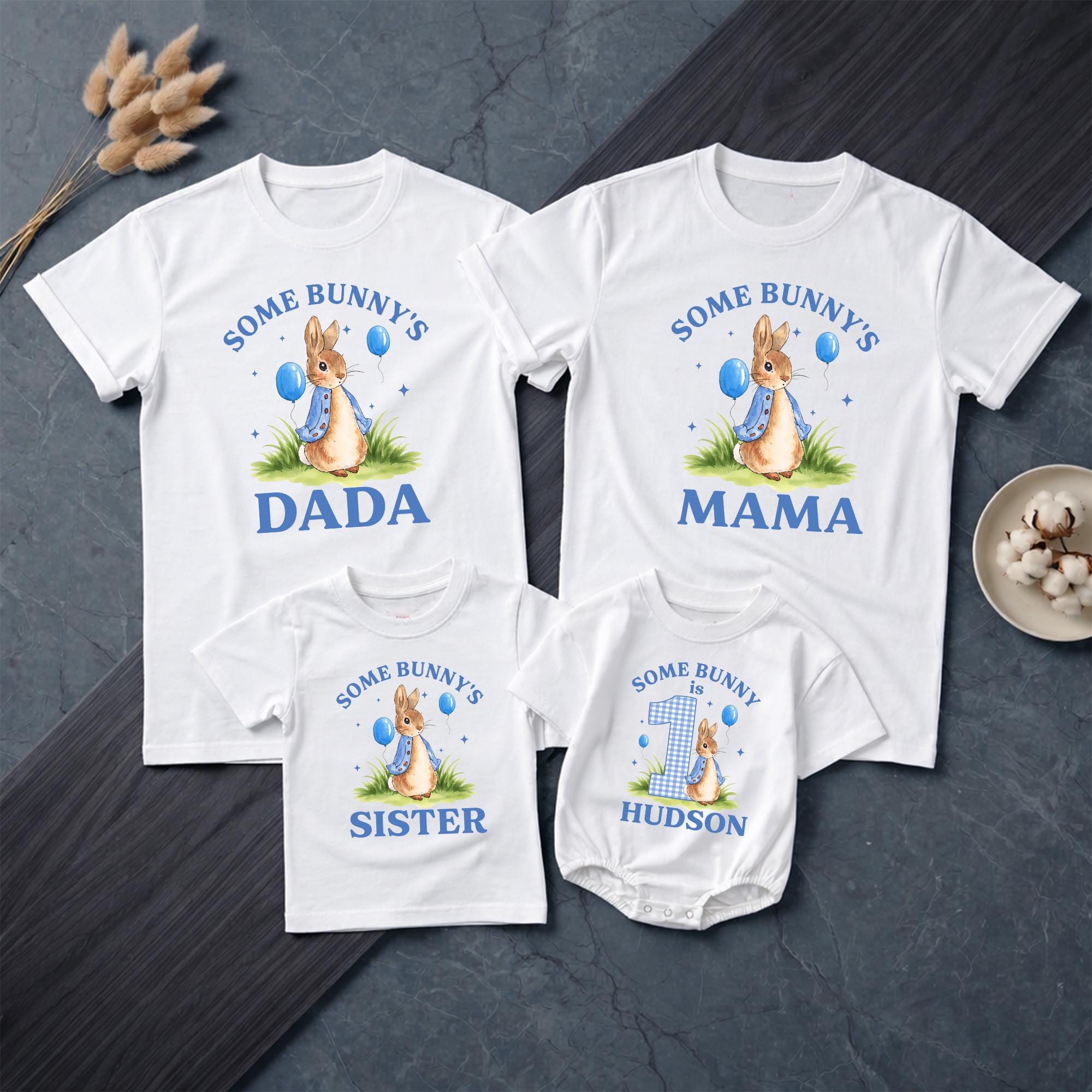 Some Bunny's One Matching Family Shirts with Custom Name, 1st Birthday Outfit for Baby Boy, Sister, Mama, and Dada