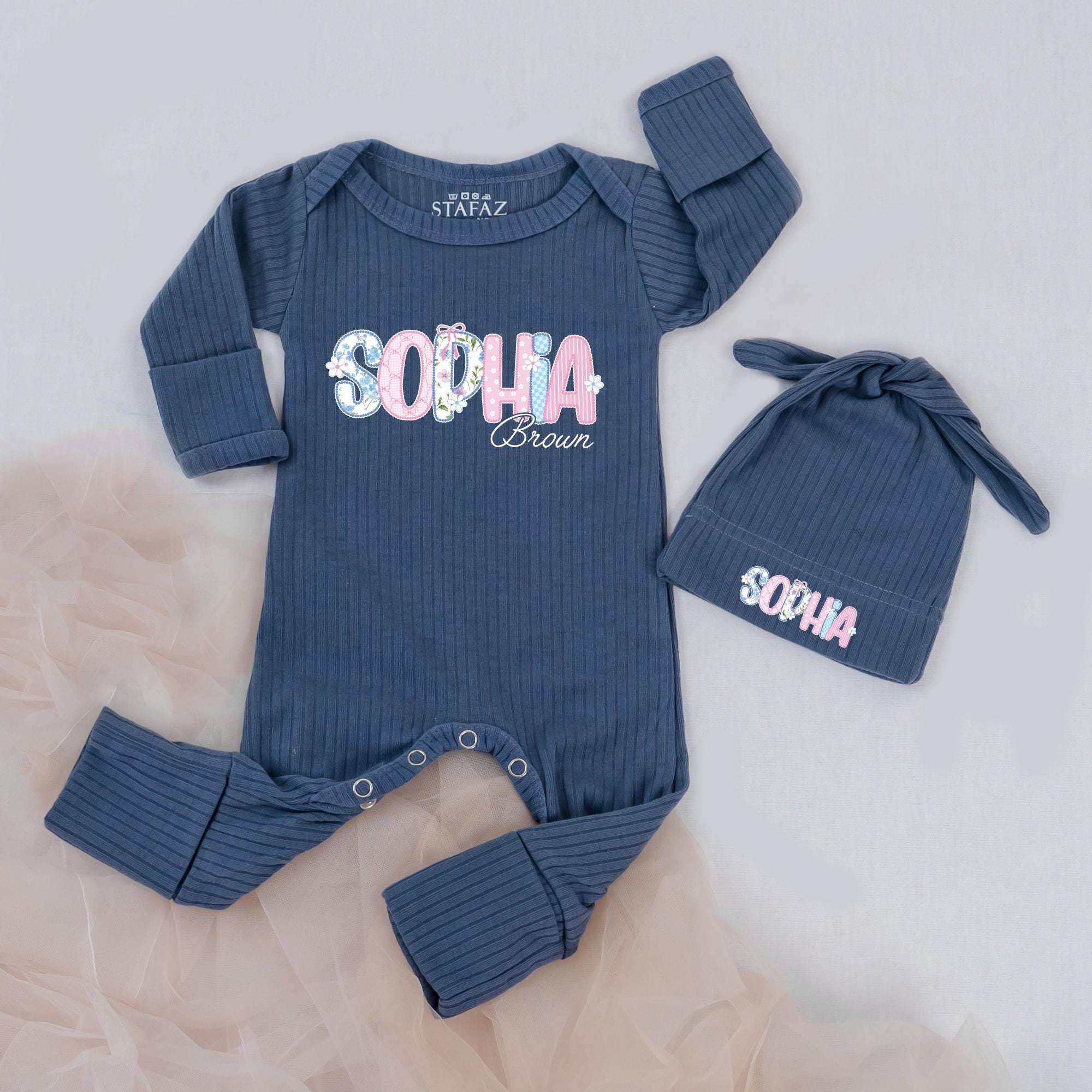 Sophia Floral Baby Bodysuit and Hat Set, Personalized Name Newborn Coming Home Outfit, Custom Baby Girl Hospital Clothes