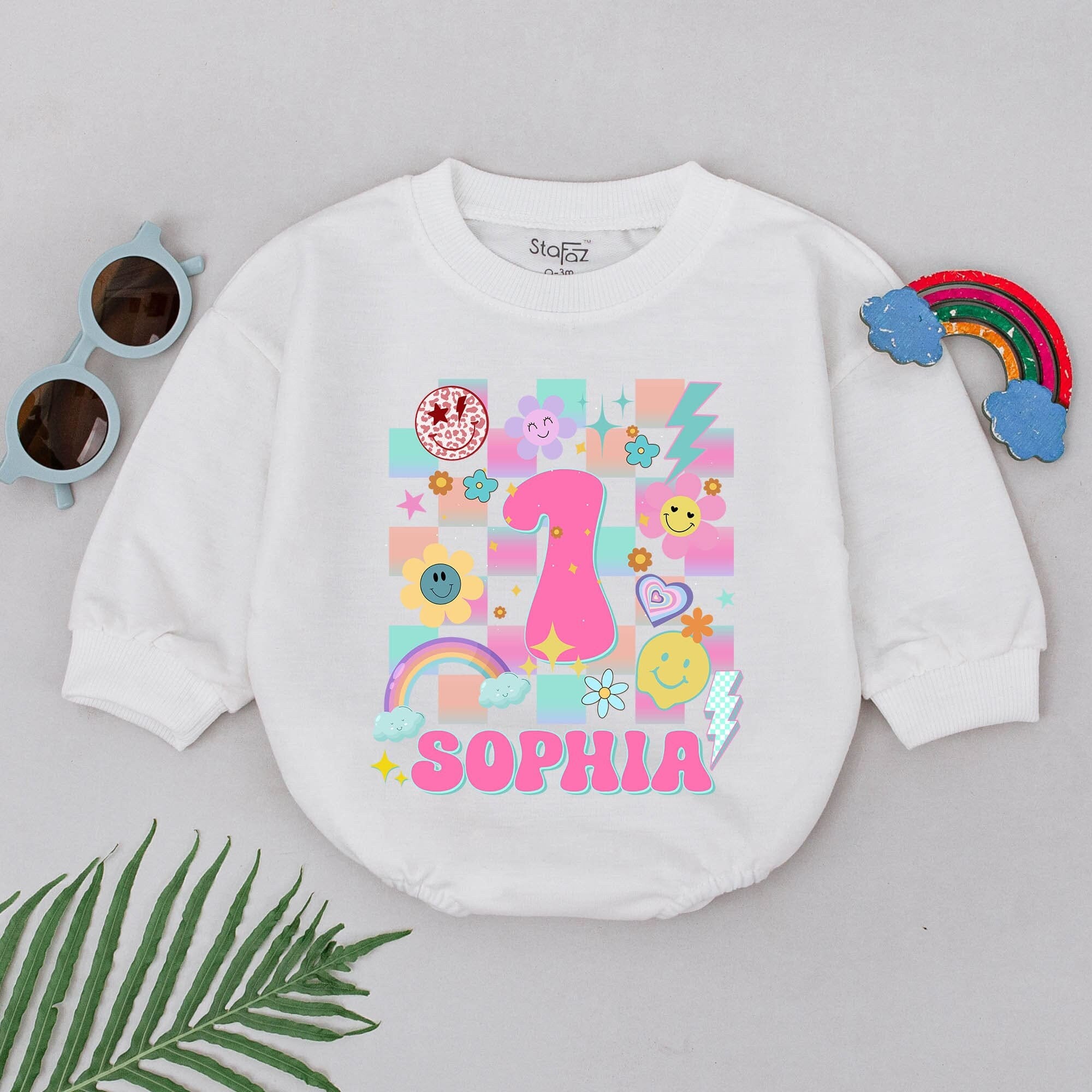 Sophia's Groovy First Birthday Baby Romper with Pink 1 Retro Pastel Design Smiley Faces Flowers Rainbow Stars Soft Cotton Comfortable Gift