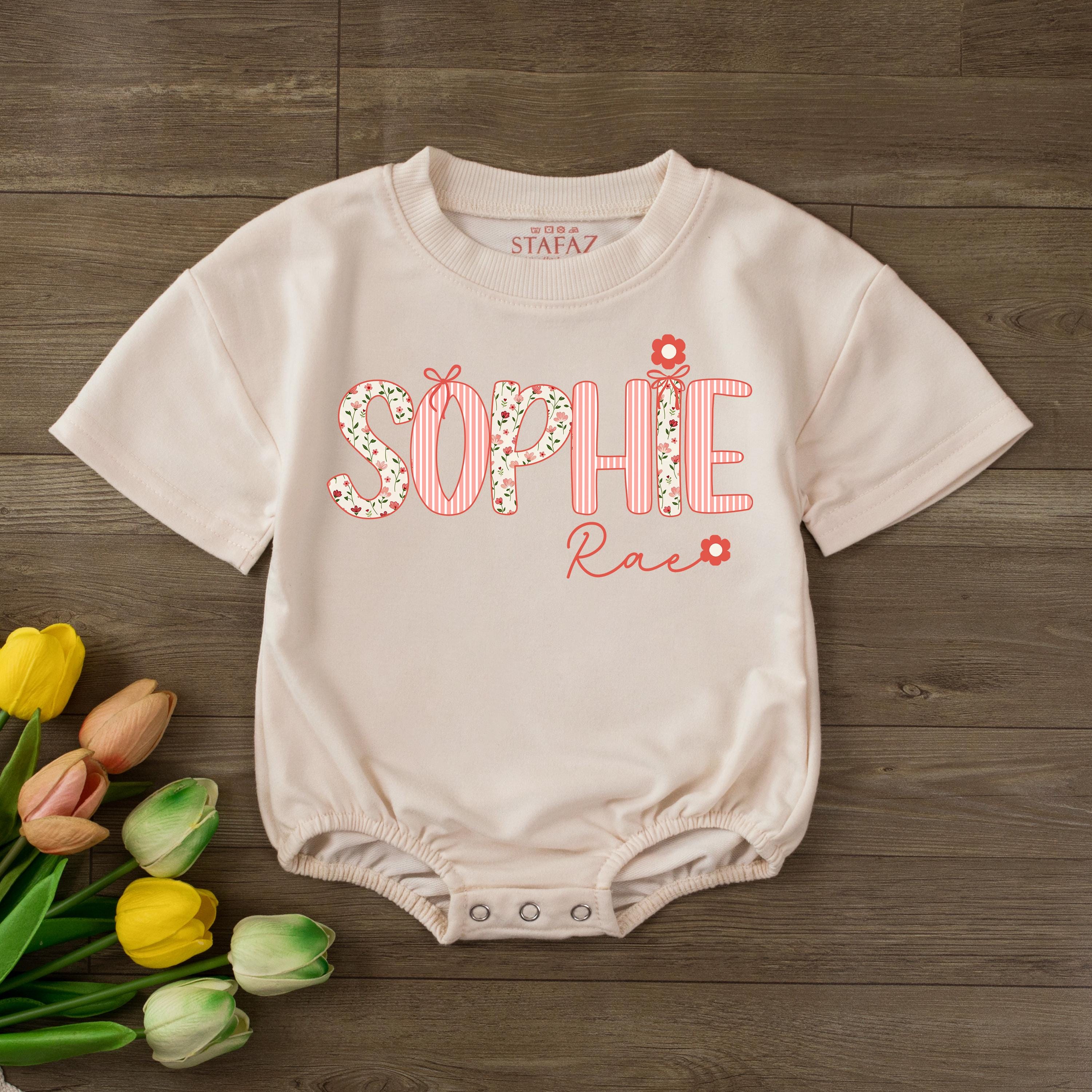 Sophie Rae Floral Baby Romper with Custom Name, Vintage Pastel Design, Girl Bubble Outfit for Milestone Photos and Baby Shower Gifts