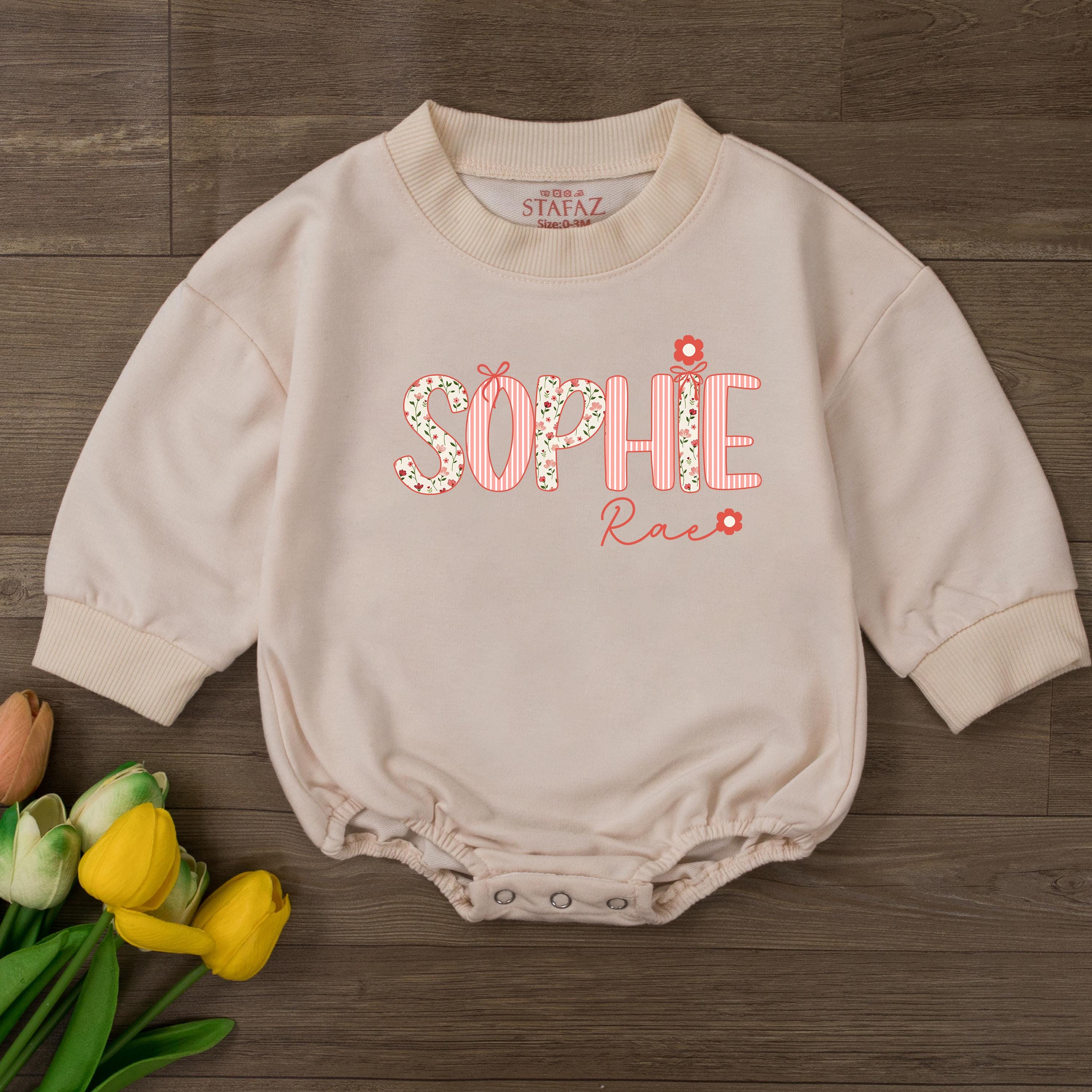 Sophie Rae Floral Baby Romper with Custom Name, Vintage Pastel Design, Girl Bubble Outfit for Milestone Photos and Baby Shower Gifts