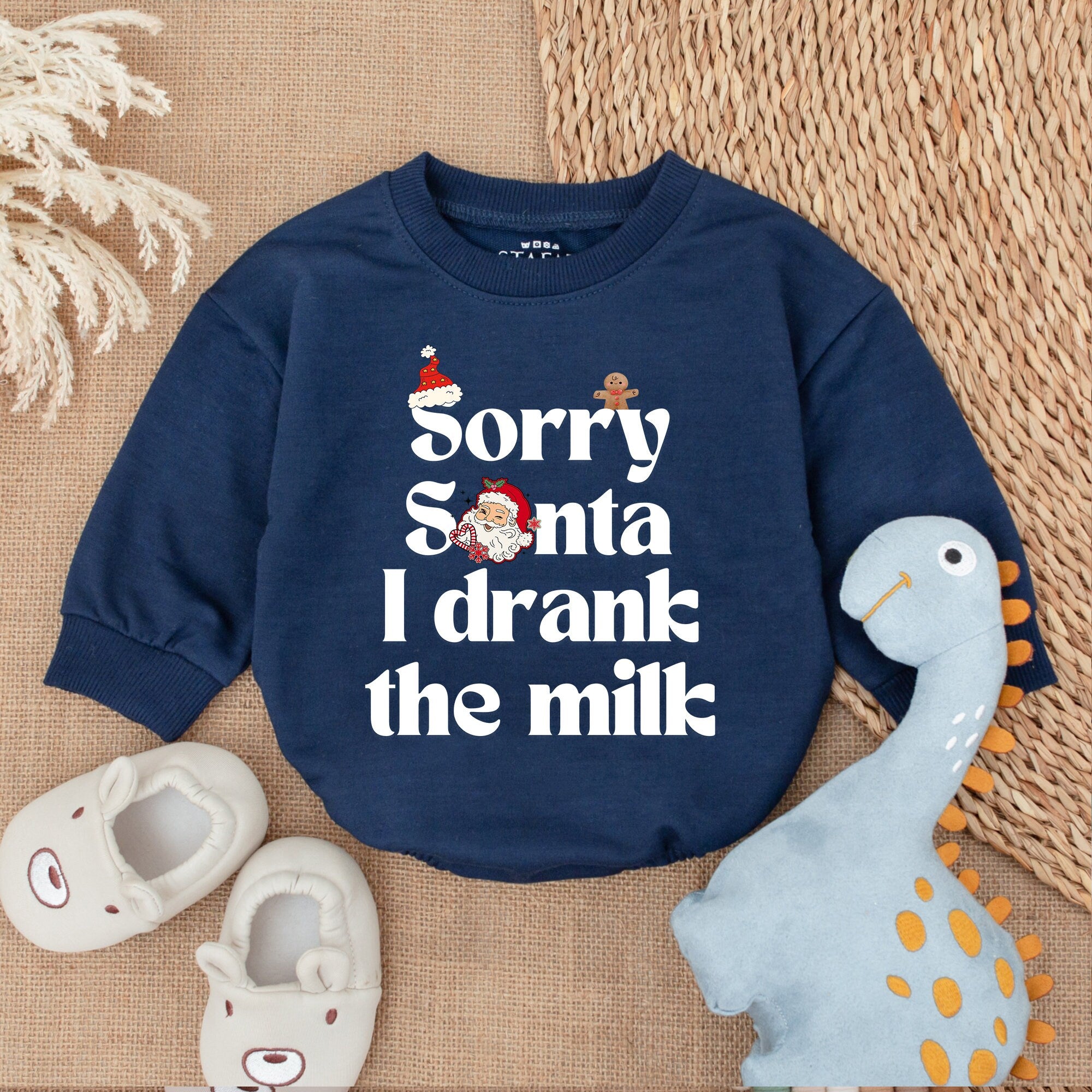Sorry Santa I Drank The Milk Baby Romper Festive Christmas Outfit with Santa Claus Face and Gingerbread Man Playful Holiday Bodysuit