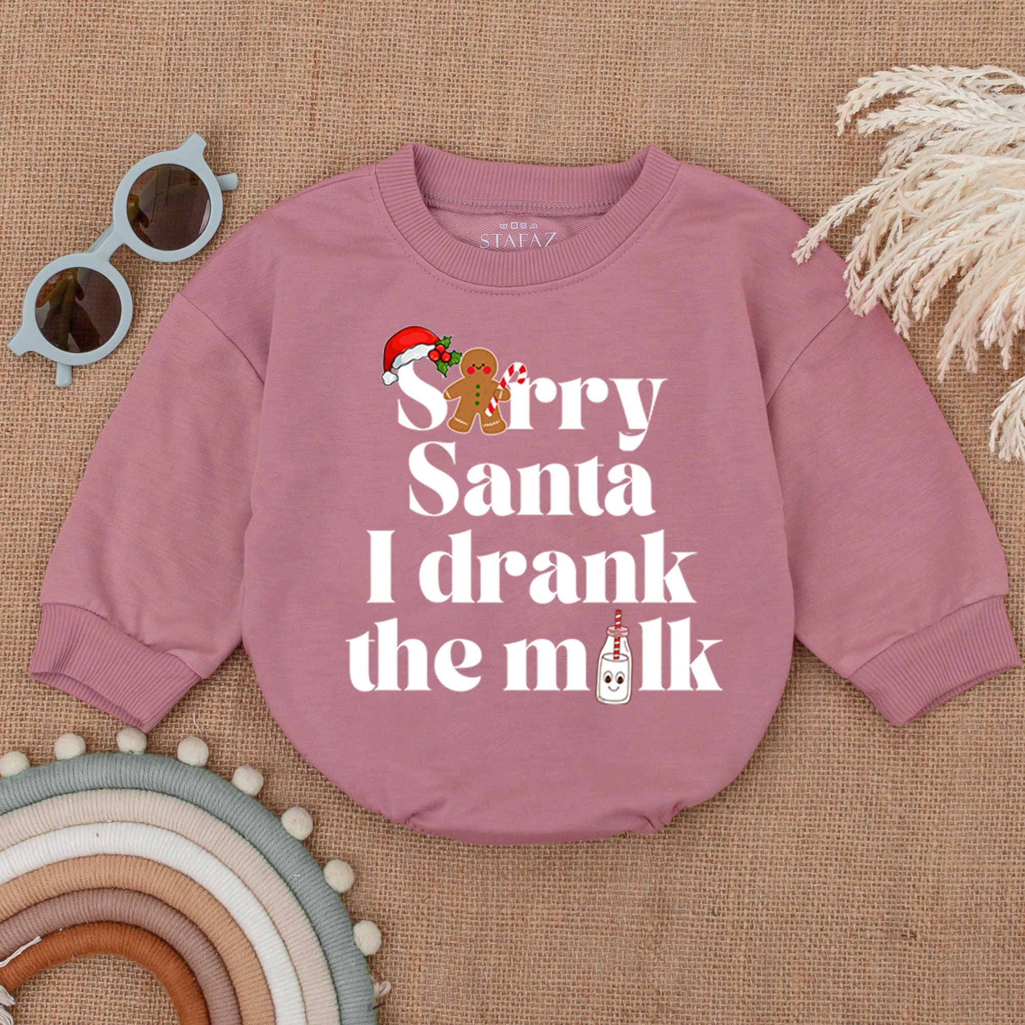Sorry Santa I Drank The Milk Baby Romper Fun Christmas Outfit Infant Gift with Gingerbread Santa Hat and Milk Bottle Graphic