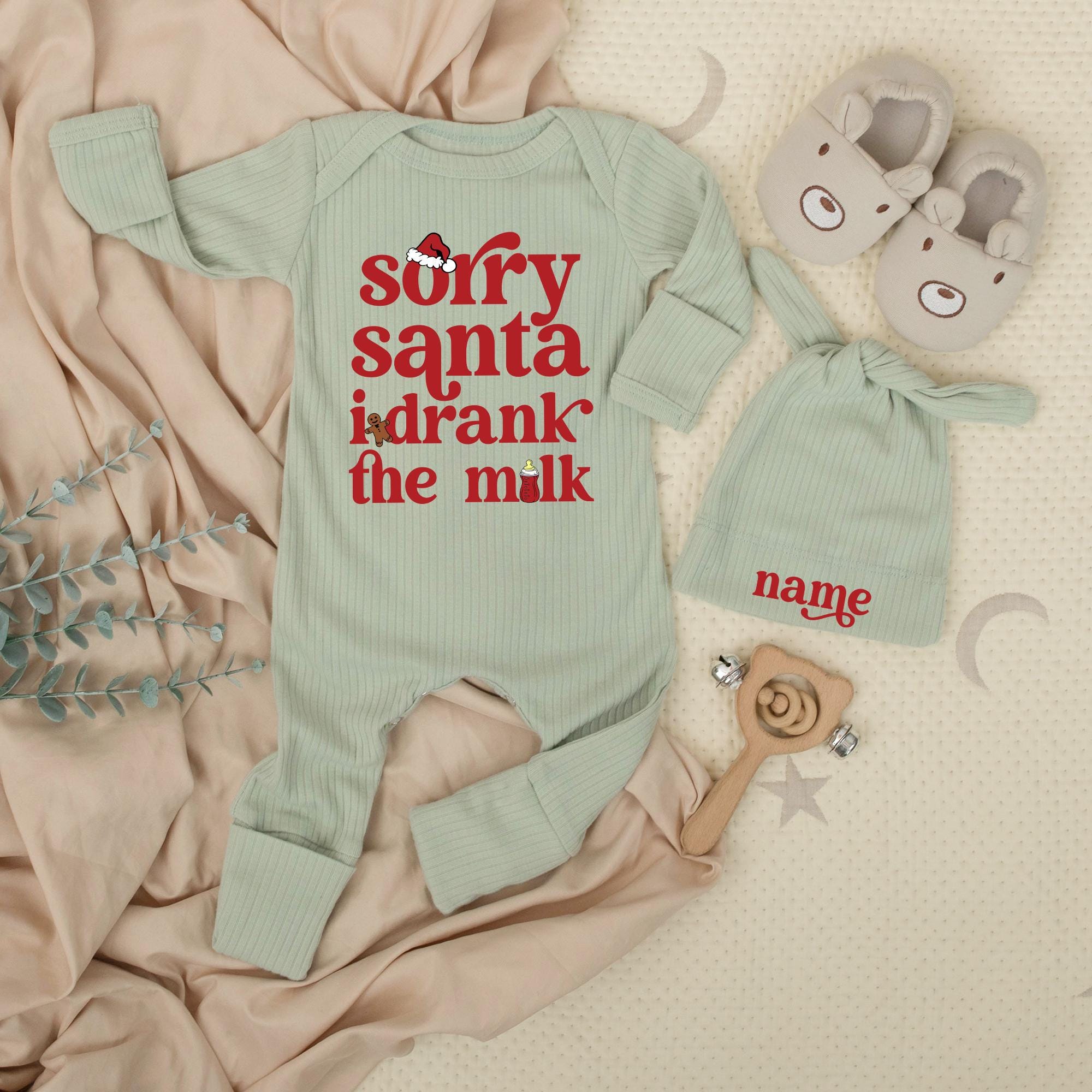 Sorry Santa I Drank The Milk Newborn Baby Romper Sage Green Christmas Outfit Long Sleeve Infant Bodysuit Festive Baby Gift First Holiday