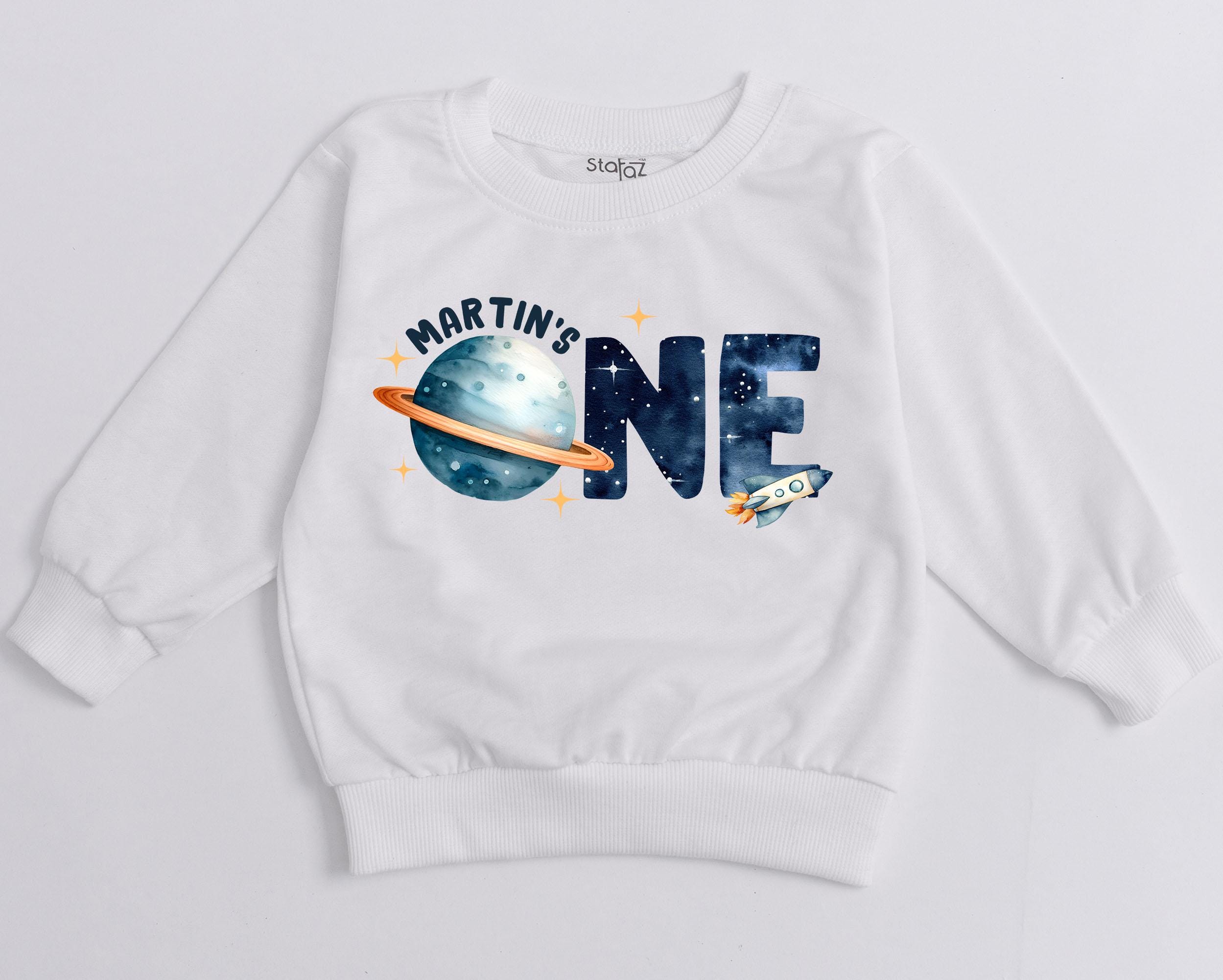 Space-Themed First Birthday Sweatshirt for Baby Boys, Custom Planet Design with Rocket, Comfortable Cotton Outfit, Perfect Astronaut Gift