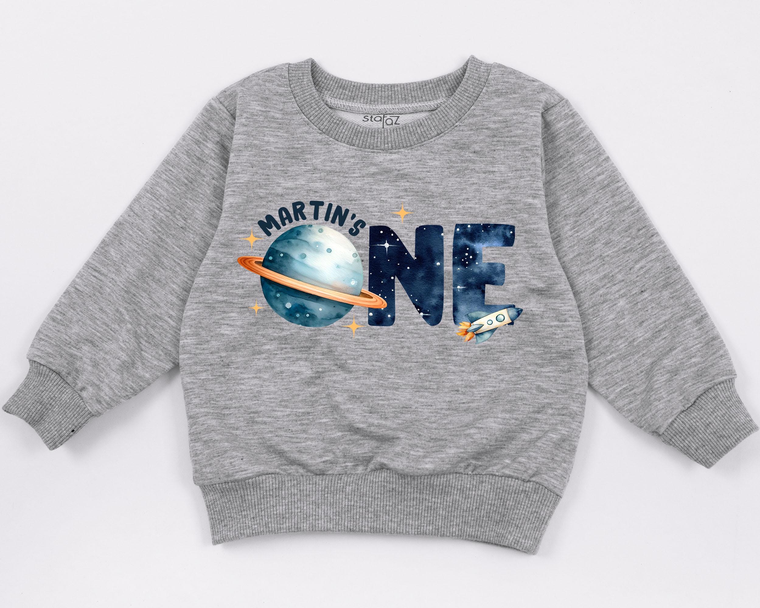 Space-Themed First Birthday Sweatshirt for Baby Boys, Custom Planet Design with Rocket, Comfortable Cotton Outfit, Perfect Astronaut Gift