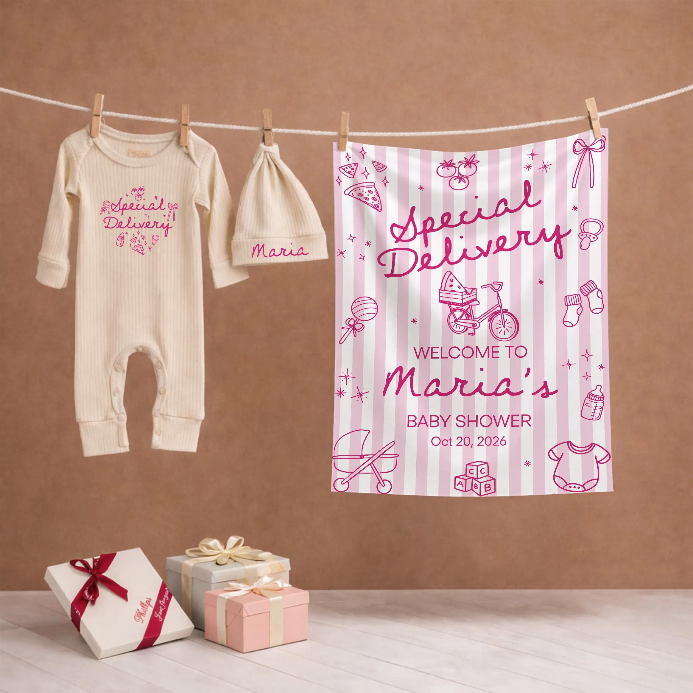 Special Delivery Baby Shower Silk Banner with Custom Name & Date, Matching Baby Bodysuit & Hat Set, Girl Shower Decor
