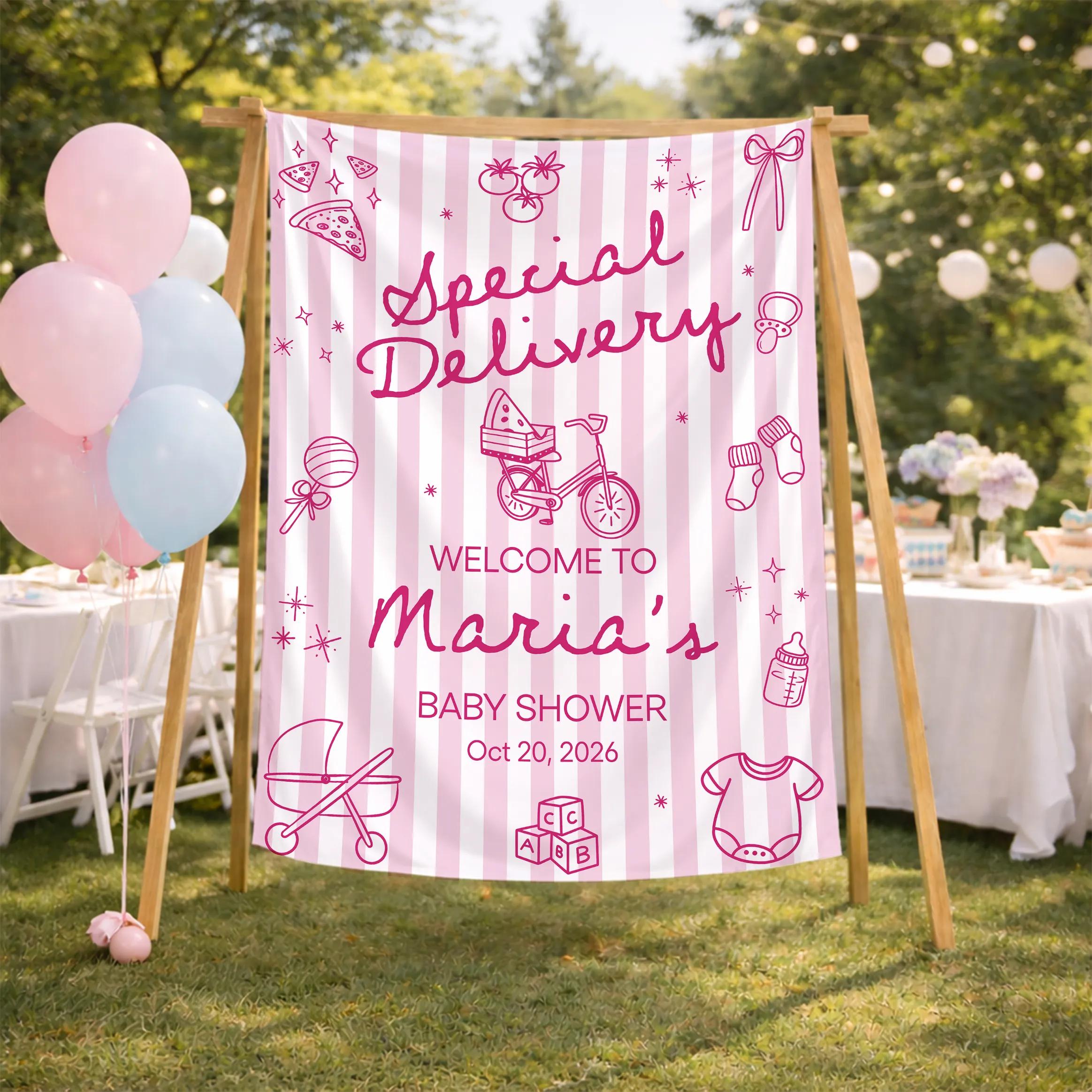 Special Delivery Baby Shower Silk Banner with Custom Name & Date, Matching Baby Bodysuit & Hat Set, Girl Shower Decor