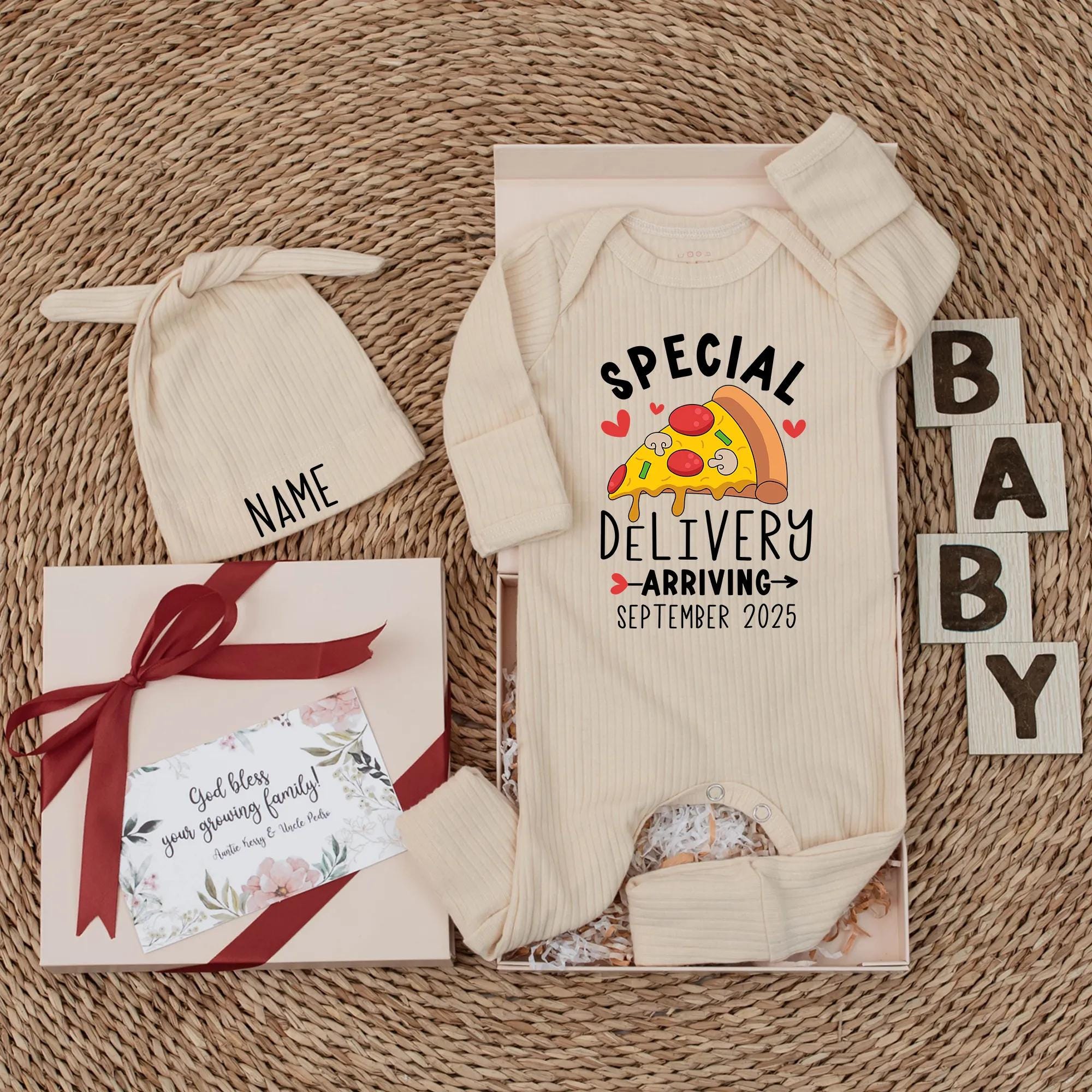 Special Delivery Pizza Baby Bodysuit Custom Due Date Outfit Fun Newborn Gift Gender Neutral Coming Home Clothes September 2025