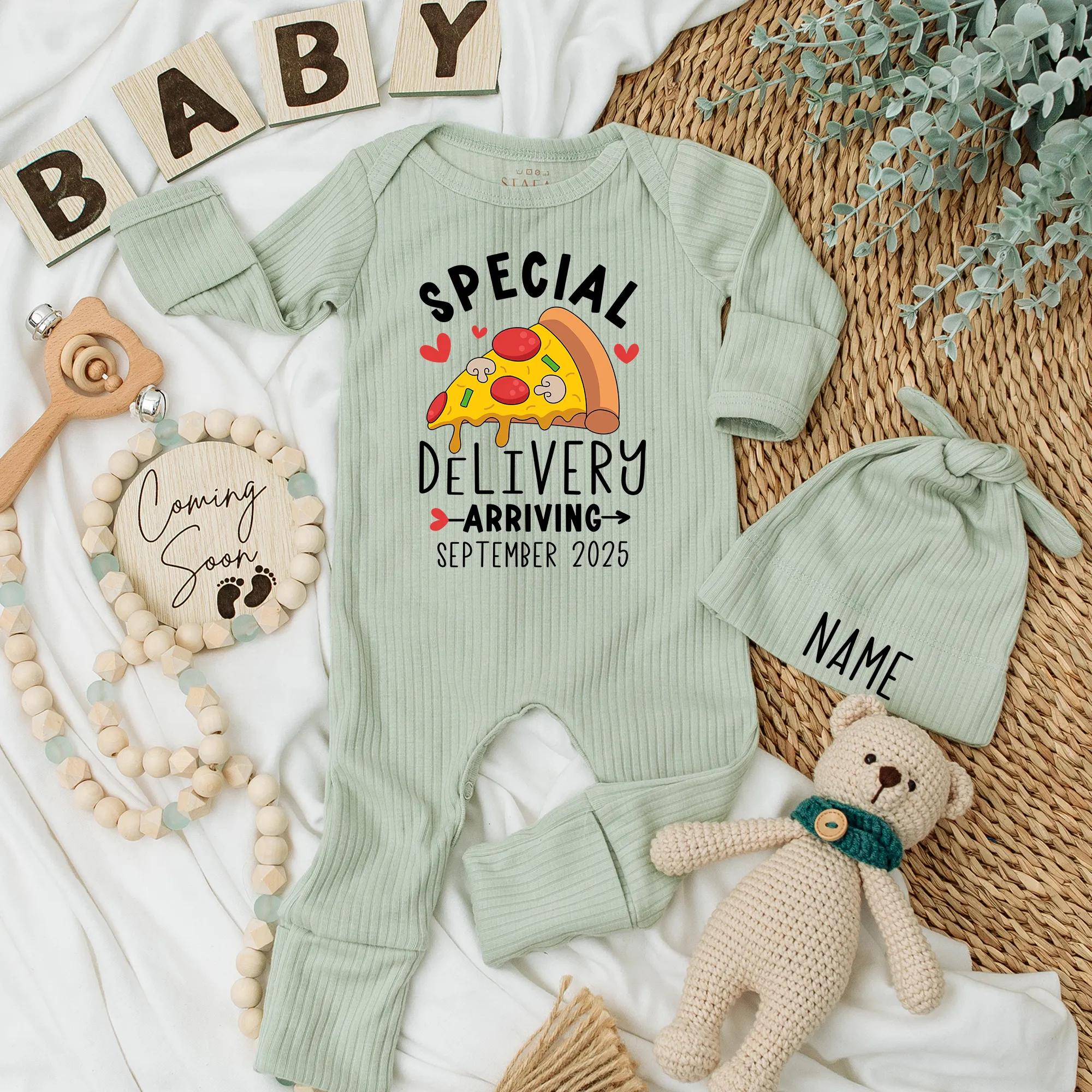 Special Delivery Pizza Baby Bodysuit Custom Due Date Outfit Fun Newborn Gift Gender Neutral Coming Home Clothes September 2025