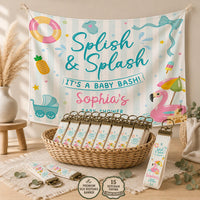 Splish and Splash Baby Shower Decor Kit Personalized Flamingo Banner Favor Bundle Summer Party Decorations Teal Pink Blue Theme