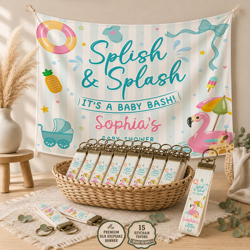 Splish and Splash Baby Shower Decor Kit Personalized Flamingo Banner Favor Bundle Summer Party Decorations Teal Pink Blue Theme