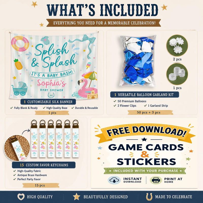 Splish and Splash Baby Shower Decor Kit Personalized Flamingo Banner Favor Bundle Summer Party Decorations Teal Pink Blue Theme