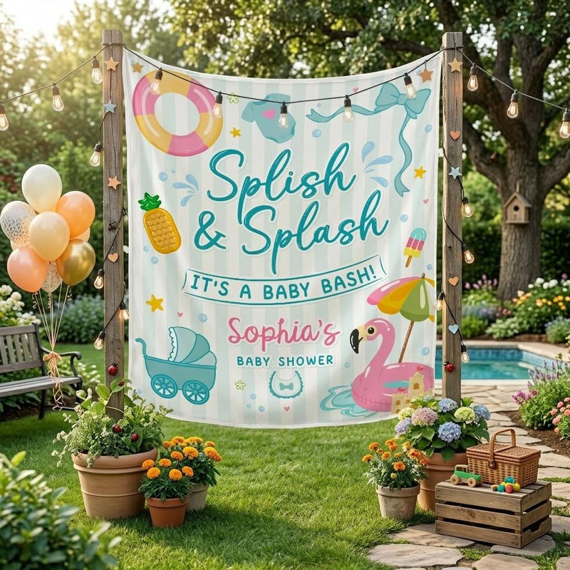 Splish and Splash Baby Shower Decor Kit Personalized Flamingo Banner Favor Bundle Summer Party Decorations Teal Pink Blue Theme