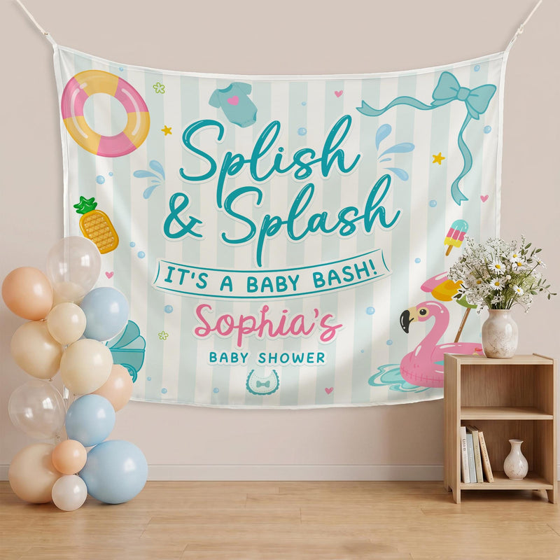 Splish and Splash Baby Shower Decor Kit Personalized Flamingo Banner Favor Bundle Summer Party Decorations Teal Pink Blue Theme