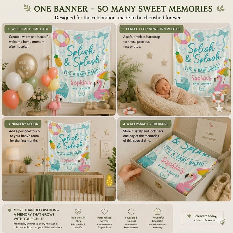 Splish and Splash Baby Shower Decor Kit Personalized Flamingo Banner Favor Bundle Summer Party Decorations Teal Pink Blue Theme