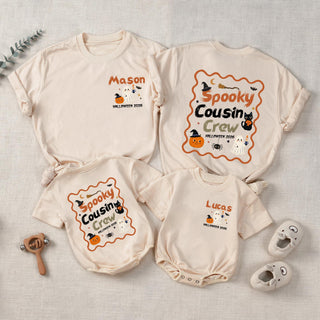 Spooky Cousin Crew Halloween Matching Shirts with Custom Names, Retro Ghost and Pumpkin Design, Family Fall Party Outfit