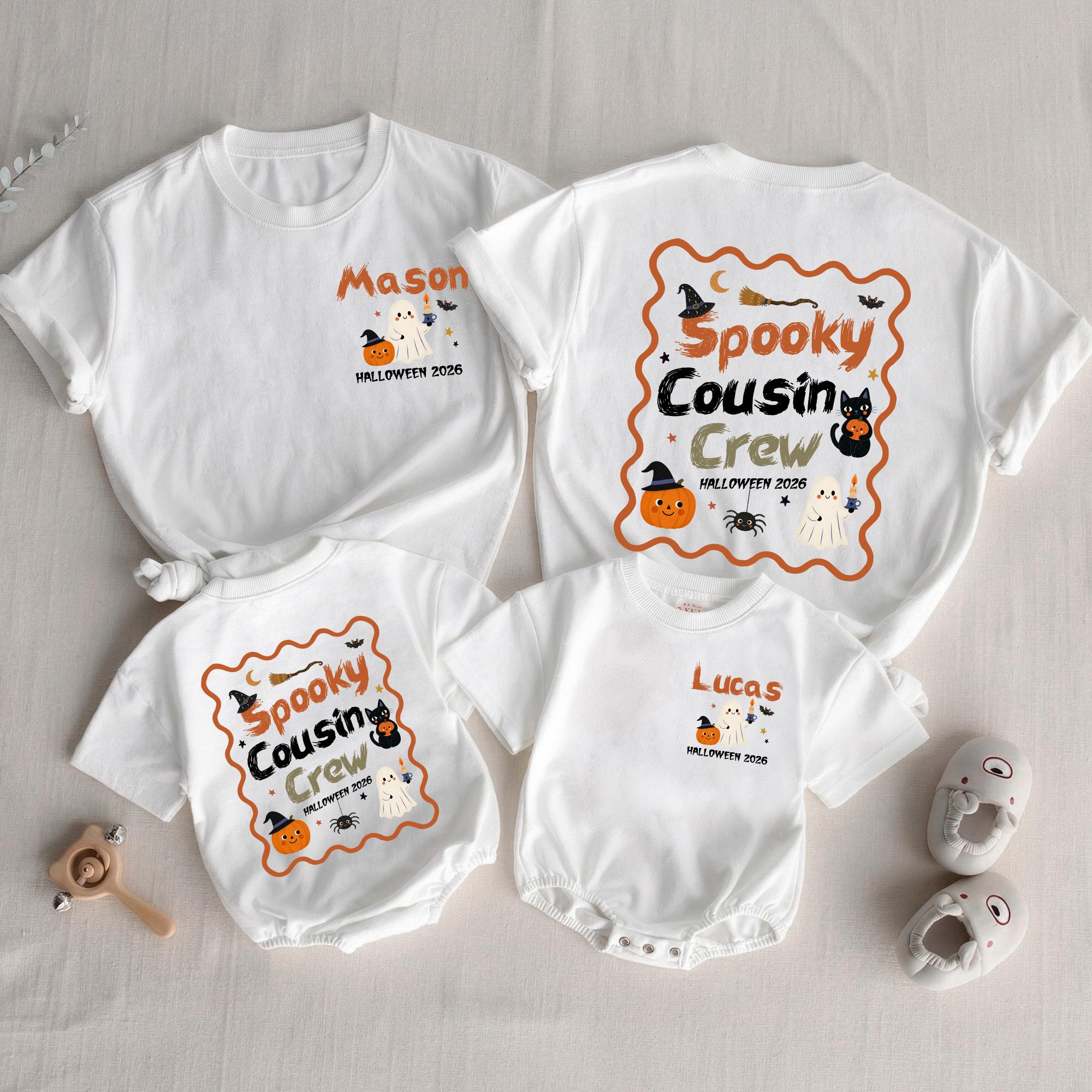 Spooky Cousin Crew Halloween Matching Shirts with Custom Names, Retro Ghost and Pumpkin Design, Family Fall Party Outfit