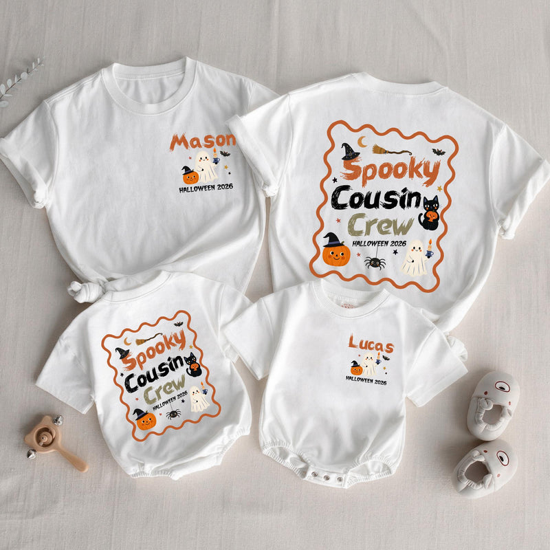 Spooky Cousin Crew Halloween Matching Shirts with Custom Names, Retro Ghost and Pumpkin Design, Family Fall Party Outfit