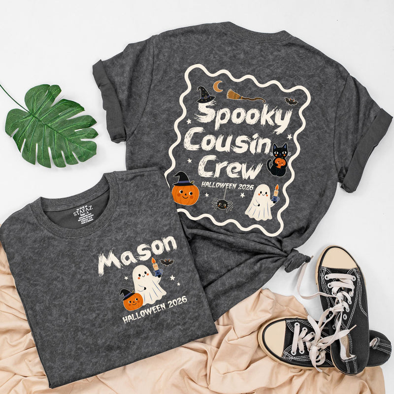 Spooky Cousin Crew Halloween Matching Shirts with Custom Names, Retro Ghost and Pumpkin Design, Family Fall Party Outfit