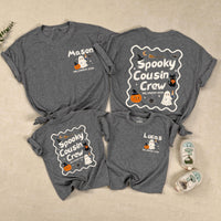 Spooky Cousin Crew Halloween Matching Shirts with Custom Names, Retro Ghost and Pumpkin Design, Family Fall Party Outfit