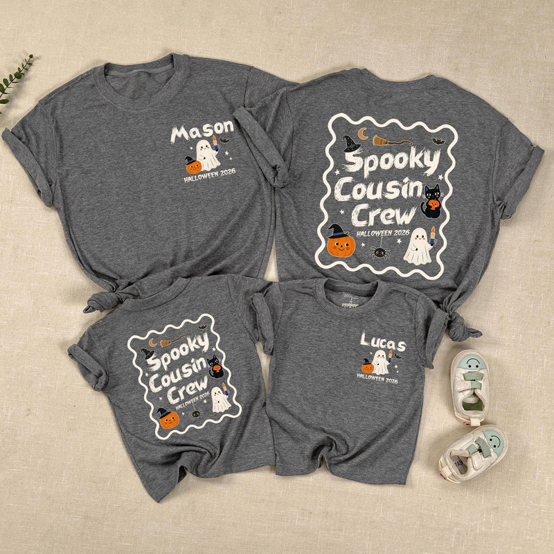Spooky Cousin Crew Halloween Matching Shirts with Custom Names, Retro Ghost and Pumpkin Design, Family Fall Party Outfit