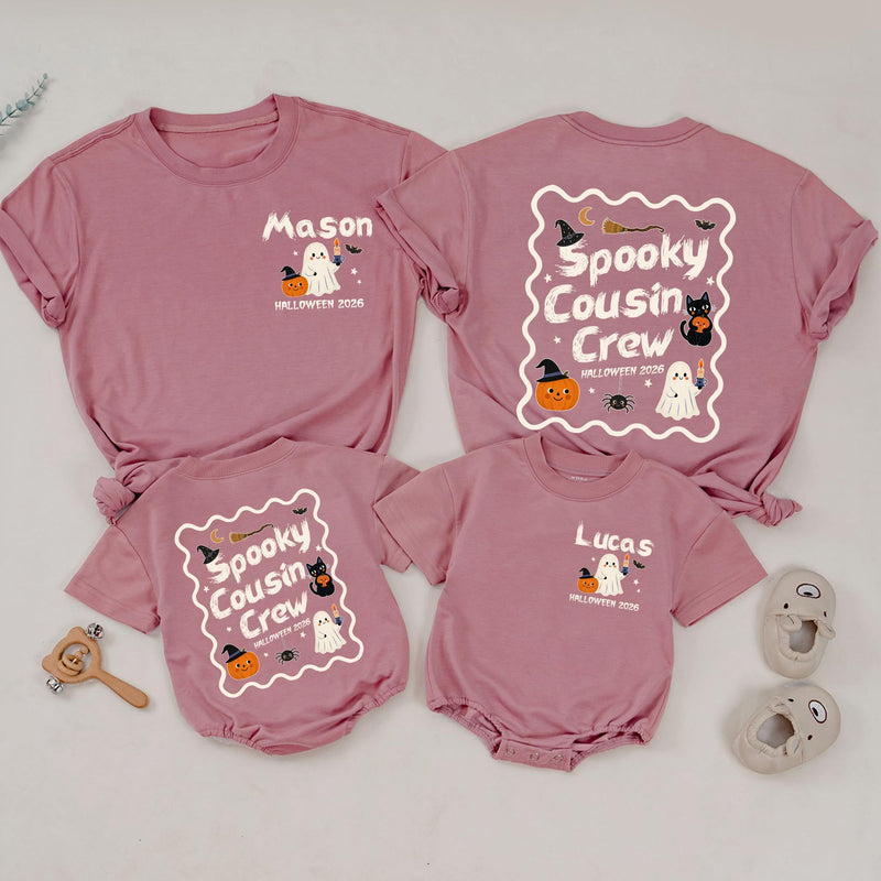 Spooky Cousin Crew Halloween Matching Shirts with Custom Names, Retro Ghost and Pumpkin Design, Family Fall Party Outfit