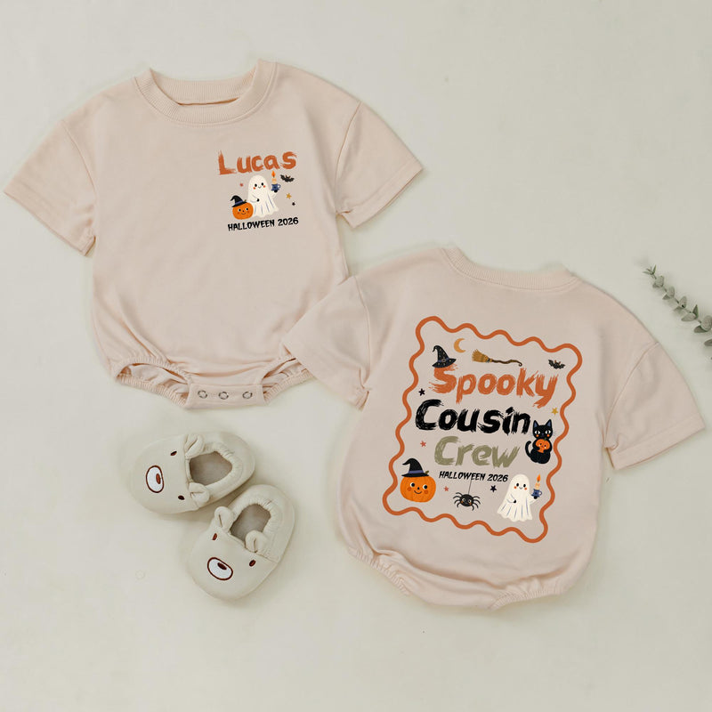 Spooky Cousin Crew Halloween Matching Shirts with Custom Names, Retro Ghost and Pumpkin Design, Family Fall Party Outfit