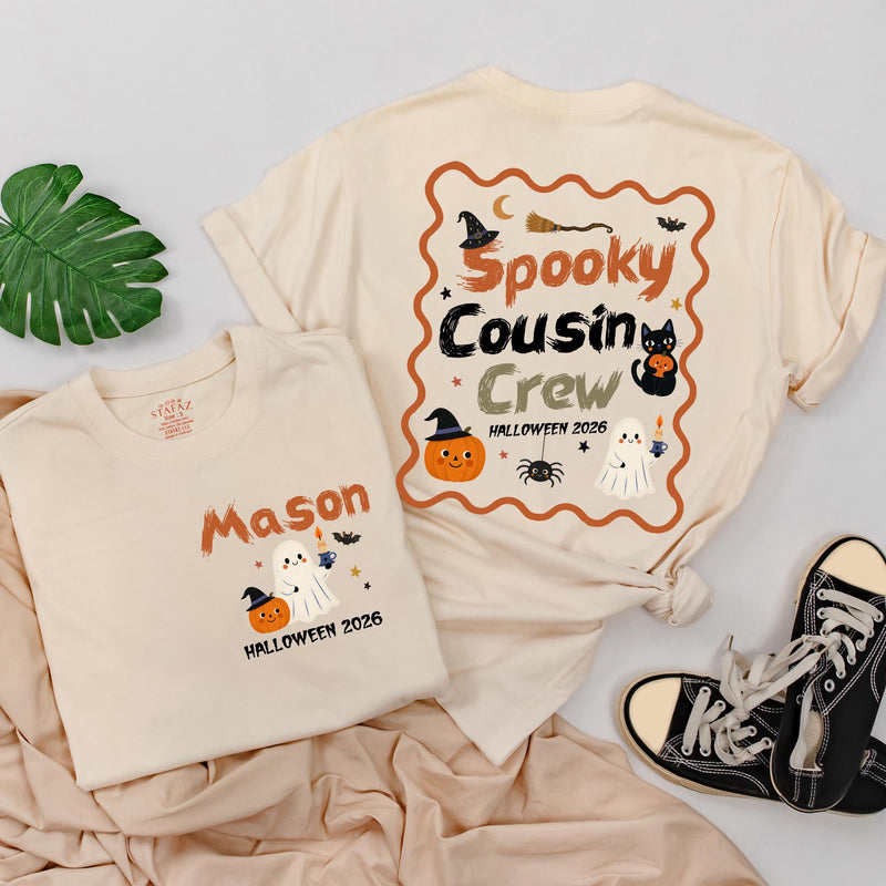 Spooky Cousin Crew Halloween Matching Shirts with Custom Names, Retro Ghost and Pumpkin Design, Family Fall Party Outfit