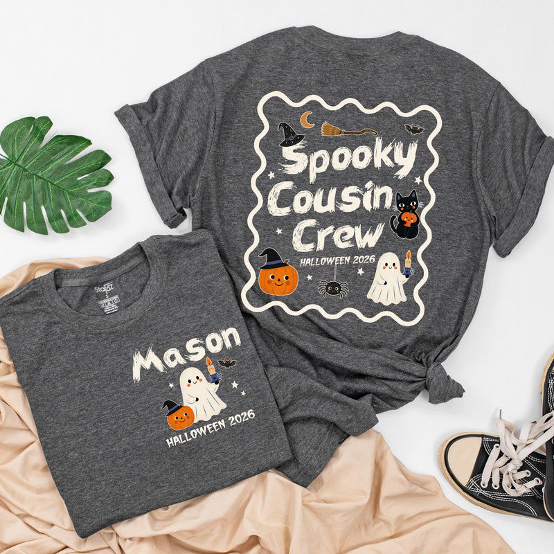 Spooky Cousin Crew Halloween Matching Shirts with Custom Names, Retro Ghost and Pumpkin Design, Family Fall Party Outfit