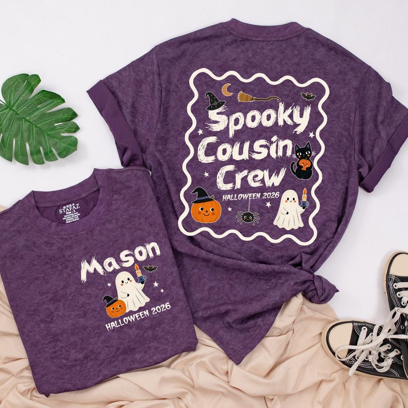 Spooky Cousin Crew Halloween Matching Shirts with Custom Names, Retro Ghost and Pumpkin Design, Family Fall Party Outfit