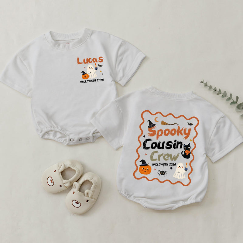 Spooky Cousin Crew Halloween Matching Shirts with Custom Names, Retro Ghost and Pumpkin Design, Family Fall Party Outfit