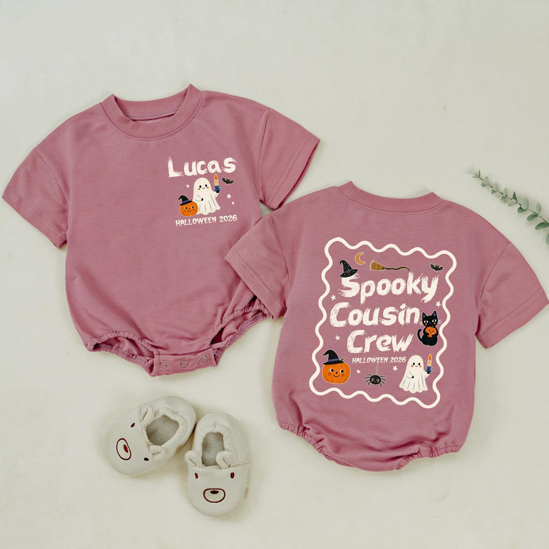 Spooky Cousin Crew Halloween Matching Shirts with Custom Names, Retro Ghost and Pumpkin Design, Family Fall Party Outfit