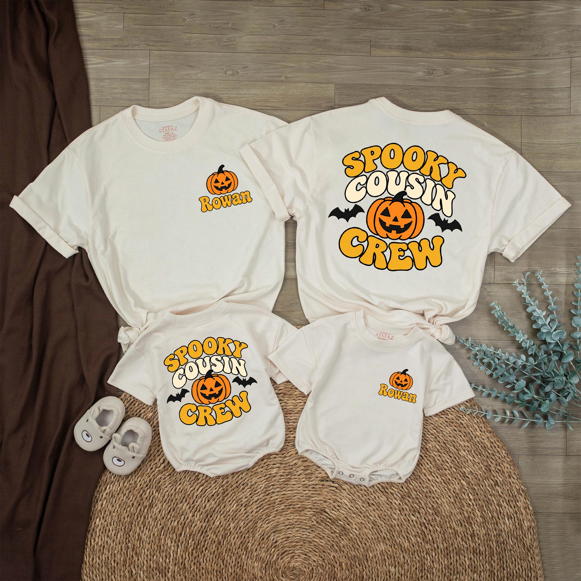 Spooky Cousin Crew Halloween Matching Shirts with Pumpkin and Bat Artwork, Family Costume Tees, Personalized Name Option